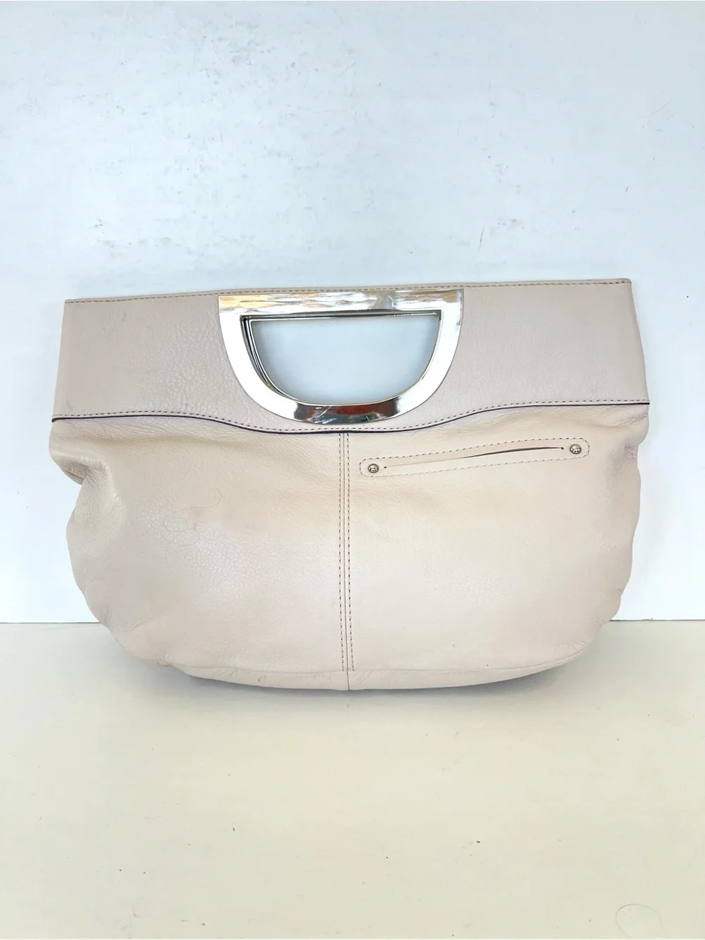 B. MAKOWSKY Cream Pebbled Leather Silver Hardware Evening Cocktail Bag Clutch